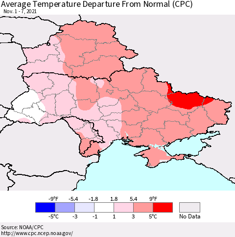 Ukraine, Moldova and Belarus Average Temperature Departure from Normal (CPC) Thematic Map For 11/1/2021 - 11/7/2021