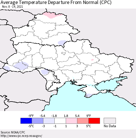 Ukraine, Moldova and Belarus Average Temperature Departure from Normal (CPC) Thematic Map For 11/8/2021 - 11/14/2021