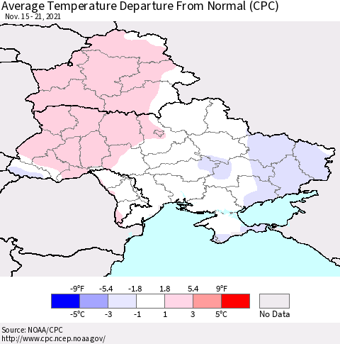 Ukraine, Moldova and Belarus Average Temperature Departure from Normal (CPC) Thematic Map For 11/15/2021 - 11/21/2021