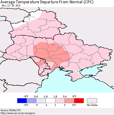 Ukraine, Moldova and Belarus Average Temperature Departure from Normal (CPC) Thematic Map For 11/22/2021 - 11/28/2021