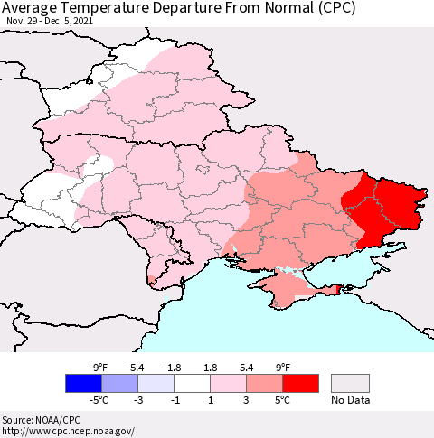 Ukraine, Moldova and Belarus Average Temperature Departure from Normal (CPC) Thematic Map For 11/29/2021 - 12/5/2021