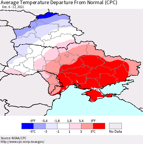 Ukraine, Moldova and Belarus Average Temperature Departure from Normal (CPC) Thematic Map For 12/6/2021 - 12/12/2021