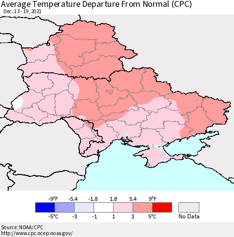 Ukraine, Moldova and Belarus Average Temperature Departure from Normal (CPC) Thematic Map For 12/13/2021 - 12/19/2021