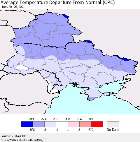 Ukraine, Moldova and Belarus Average Temperature Departure from Normal (CPC) Thematic Map For 12/20/2021 - 12/26/2021