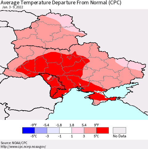 Ukraine, Moldova and Belarus Average Temperature Departure from Normal (CPC) Thematic Map For 1/3/2022 - 1/9/2022