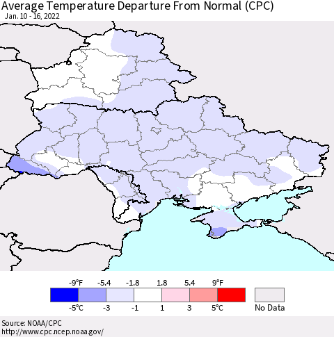 Ukraine, Moldova and Belarus Average Temperature Departure from Normal (CPC) Thematic Map For 1/10/2022 - 1/16/2022