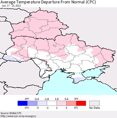 Ukraine, Moldova and Belarus Average Temperature Departure from Normal (CPC) Thematic Map For 1/17/2022 - 1/23/2022