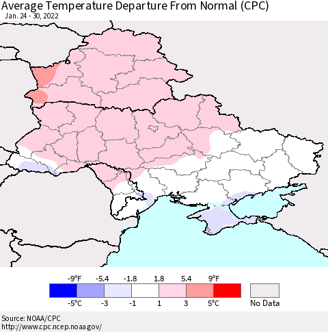 Ukraine, Moldova and Belarus Average Temperature Departure from Normal (CPC) Thematic Map For 1/24/2022 - 1/30/2022