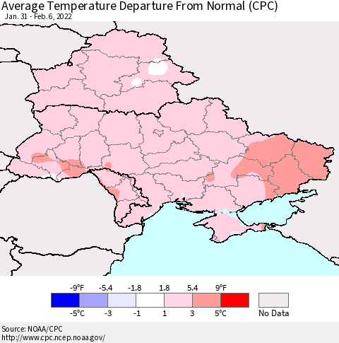 Ukraine, Moldova and Belarus Average Temperature Departure from Normal (CPC) Thematic Map For 1/31/2022 - 2/6/2022