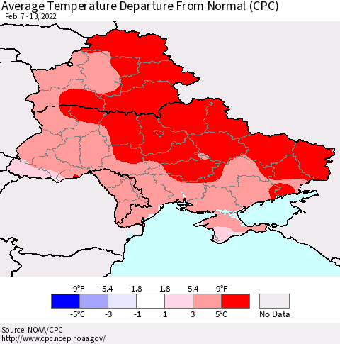Ukraine, Moldova and Belarus Average Temperature Departure from Normal (CPC) Thematic Map For 2/7/2022 - 2/13/2022