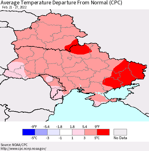 Ukraine, Moldova and Belarus Average Temperature Departure from Normal (CPC) Thematic Map For 2/21/2022 - 2/27/2022