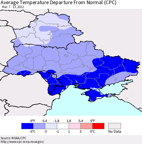 Ukraine, Moldova and Belarus Average Temperature Departure from Normal (CPC) Thematic Map For 3/7/2022 - 3/13/2022