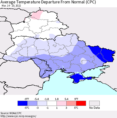 Ukraine, Moldova and Belarus Average Temperature Departure from Normal (CPC) Thematic Map For 3/14/2022 - 3/20/2022