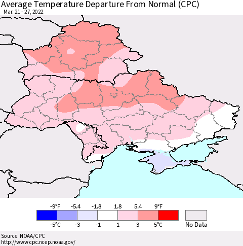 Ukraine, Moldova and Belarus Average Temperature Departure from Normal (CPC) Thematic Map For 3/21/2022 - 3/27/2022