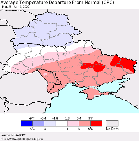 Ukraine, Moldova and Belarus Average Temperature Departure from Normal (CPC) Thematic Map For 3/28/2022 - 4/3/2022