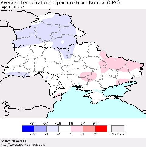 Ukraine, Moldova and Belarus Average Temperature Departure from Normal (CPC) Thematic Map For 4/4/2022 - 4/10/2022