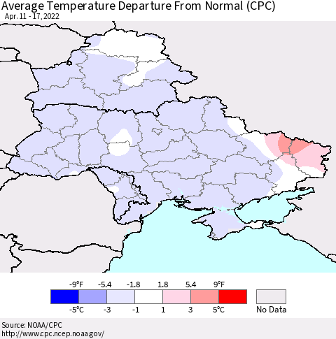 Ukraine, Moldova and Belarus Average Temperature Departure from Normal (CPC) Thematic Map For 4/11/2022 - 4/17/2022