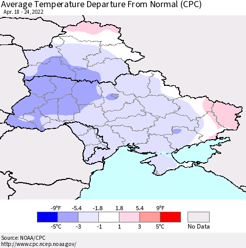 Ukraine, Moldova and Belarus Average Temperature Departure from Normal (CPC) Thematic Map For 4/18/2022 - 4/24/2022