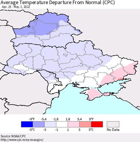 Ukraine, Moldova and Belarus Average Temperature Departure from Normal (CPC) Thematic Map For 4/25/2022 - 5/1/2022