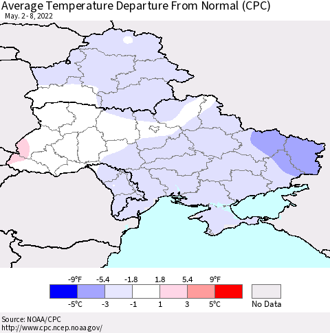 Ukraine, Moldova and Belarus Average Temperature Departure from Normal (CPC) Thematic Map For 5/2/2022 - 5/8/2022
