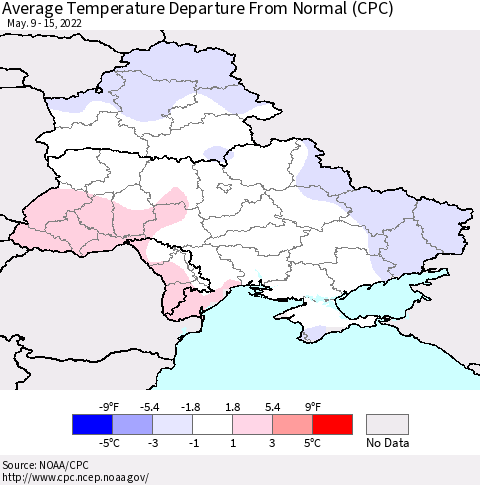 Ukraine, Moldova and Belarus Average Temperature Departure from Normal (CPC) Thematic Map For 5/9/2022 - 5/15/2022
