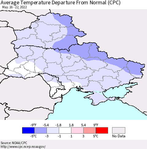 Ukraine, Moldova and Belarus Average Temperature Departure from Normal (CPC) Thematic Map For 5/16/2022 - 5/22/2022