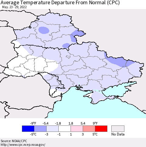 Ukraine, Moldova and Belarus Average Temperature Departure from Normal (CPC) Thematic Map For 5/23/2022 - 5/29/2022