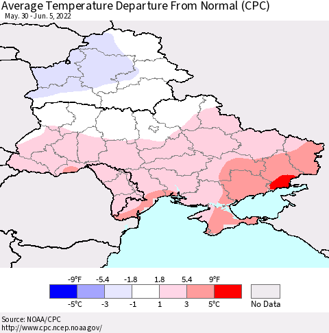 Ukraine, Moldova and Belarus Average Temperature Departure from Normal (CPC) Thematic Map For 5/30/2022 - 6/5/2022