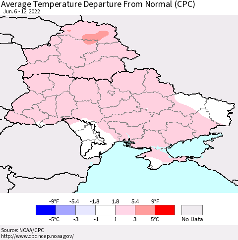 Ukraine, Moldova and Belarus Average Temperature Departure from Normal (CPC) Thematic Map For 6/6/2022 - 6/12/2022