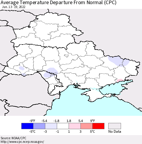 Ukraine, Moldova and Belarus Average Temperature Departure from Normal (CPC) Thematic Map For 6/13/2022 - 6/19/2022