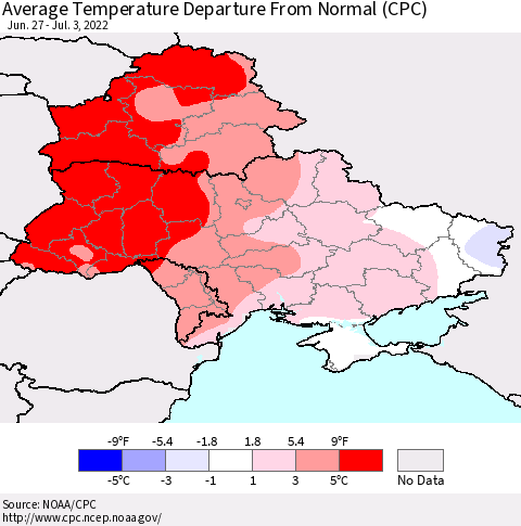 Ukraine, Moldova and Belarus Average Temperature Departure from Normal (CPC) Thematic Map For 6/27/2022 - 7/3/2022