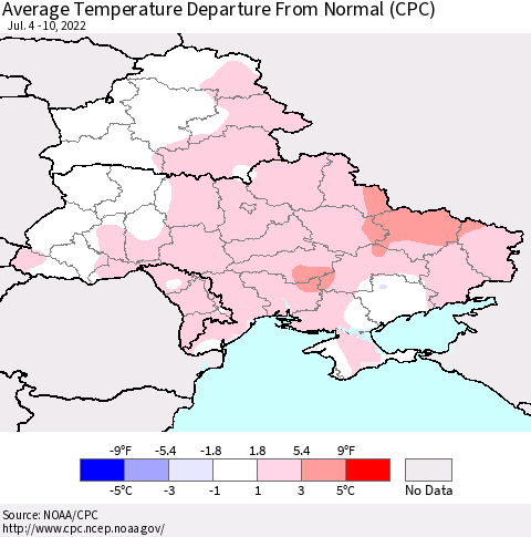 Ukraine, Moldova and Belarus Average Temperature Departure from Normal (CPC) Thematic Map For 7/4/2022 - 7/10/2022