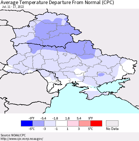 Ukraine, Moldova and Belarus Average Temperature Departure from Normal (CPC) Thematic Map For 7/11/2022 - 7/17/2022