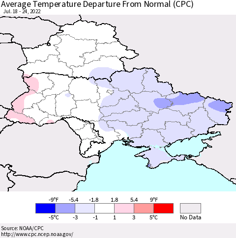 Ukraine, Moldova and Belarus Average Temperature Departure from Normal (CPC) Thematic Map For 7/18/2022 - 7/24/2022