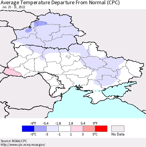 Ukraine, Moldova and Belarus Average Temperature Departure from Normal (CPC) Thematic Map For 7/25/2022 - 7/31/2022