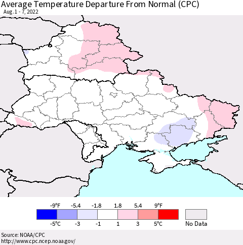 Ukraine, Moldova and Belarus Average Temperature Departure from Normal (CPC) Thematic Map For 8/1/2022 - 8/7/2022