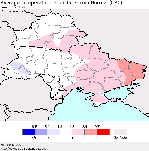 Ukraine, Moldova and Belarus Average Temperature Departure from Normal (CPC) Thematic Map For 8/8/2022 - 8/14/2022