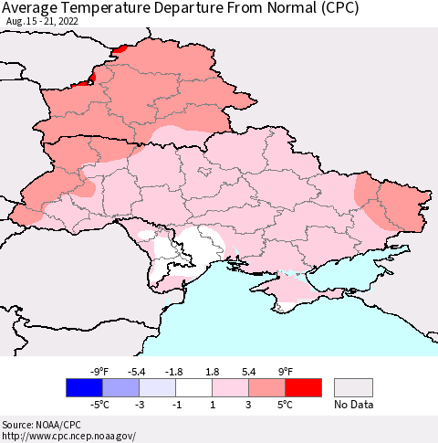 Ukraine, Moldova and Belarus Average Temperature Departure from Normal (CPC) Thematic Map For 8/15/2022 - 8/21/2022