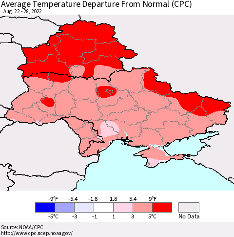 Ukraine, Moldova and Belarus Average Temperature Departure from Normal (CPC) Thematic Map For 8/22/2022 - 8/28/2022
