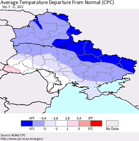 Ukraine, Moldova and Belarus Average Temperature Departure from Normal (CPC) Thematic Map For 9/5/2022 - 9/11/2022
