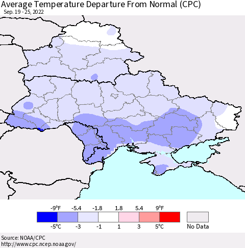 Ukraine, Moldova and Belarus Average Temperature Departure from Normal (CPC) Thematic Map For 9/19/2022 - 9/25/2022