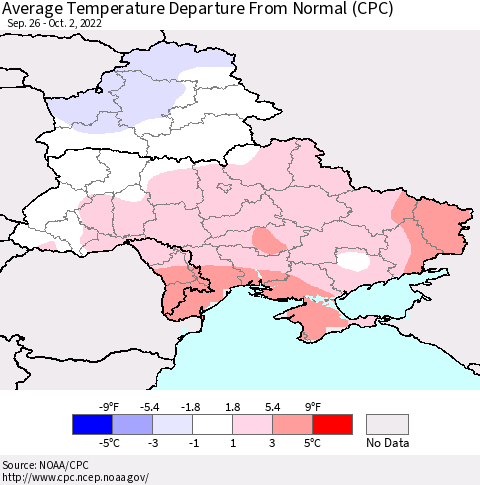 Ukraine, Moldova and Belarus Average Temperature Departure from Normal (CPC) Thematic Map For 9/26/2022 - 10/2/2022