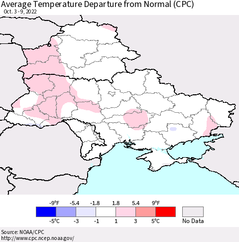 Ukraine, Moldova and Belarus Average Temperature Departure from Normal (CPC) Thematic Map For 10/3/2022 - 10/9/2022