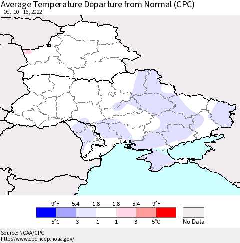Ukraine, Moldova and Belarus Average Temperature Departure from Normal (CPC) Thematic Map For 10/10/2022 - 10/16/2022