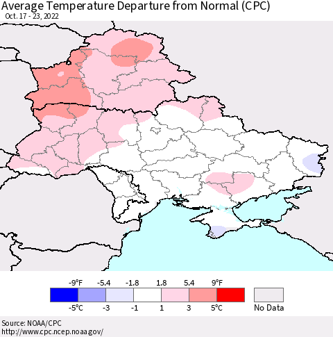 Ukraine, Moldova and Belarus Average Temperature Departure from Normal (CPC) Thematic Map For 10/17/2022 - 10/23/2022