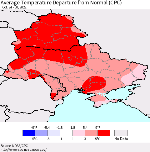 Ukraine, Moldova and Belarus Average Temperature Departure from Normal (CPC) Thematic Map For 10/24/2022 - 10/30/2022