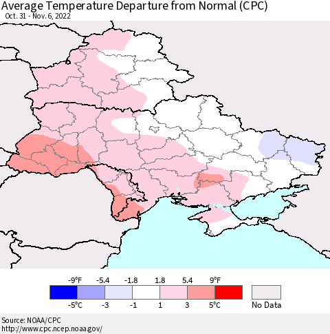 Ukraine, Moldova and Belarus Average Temperature Departure from Normal (CPC) Thematic Map For 10/31/2022 - 11/6/2022