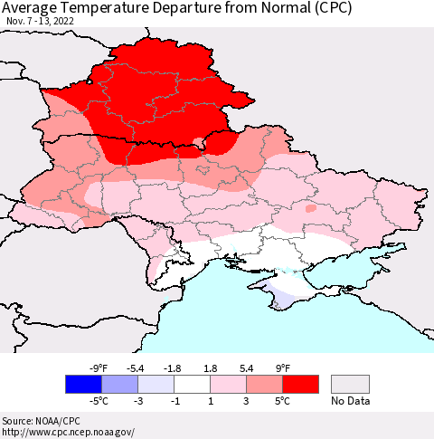 Ukraine, Moldova and Belarus Average Temperature Departure from Normal (CPC) Thematic Map For 11/7/2022 - 11/13/2022