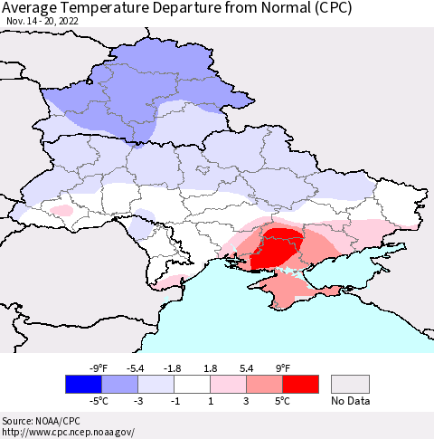 Ukraine, Moldova and Belarus Average Temperature Departure from Normal (CPC) Thematic Map For 11/14/2022 - 11/20/2022