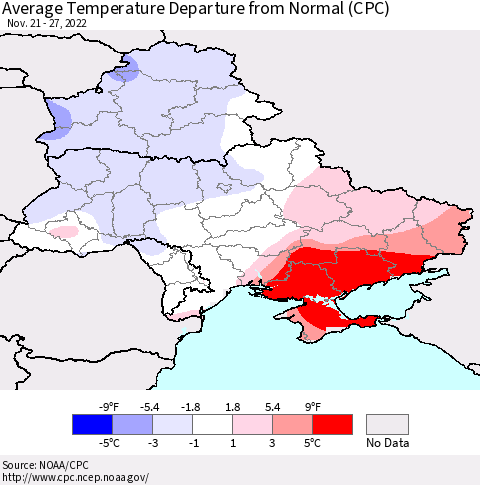 Ukraine, Moldova and Belarus Average Temperature Departure from Normal (CPC) Thematic Map For 11/21/2022 - 11/27/2022